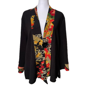 NWOT Soft Surroundings Asian Kimono Jacket Floral One Button 3/4 Sleeve Black